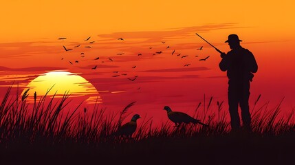 Illustration of a hunter with a dog hunting pheasants, with a sunset background
