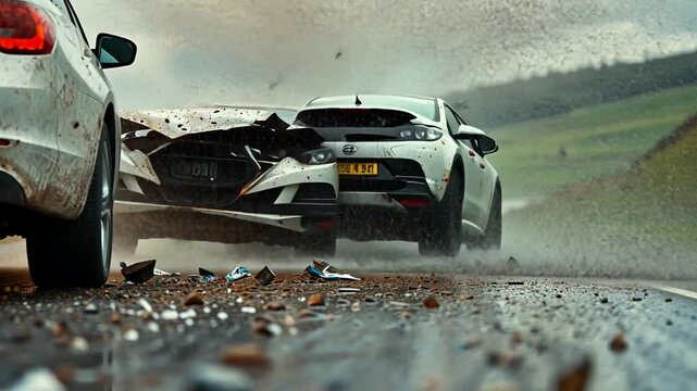 Car Crash on Wet Road: Dramatic close-up of a severe car accident on a rain-soaked road, showcasing the impact and debris.  The image conveys a sense of urgency and danger.