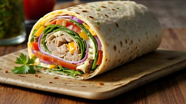 Video footage of colorful wrap filled with fresh vegetables, cheese, and meat, placed on a wooden cutting board, garnished with a sprig of parsley
