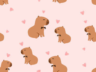 Fototapeta premium Seamless pattern with capybara cartoons and hearts on pink background vector.