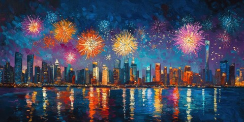 Fototapeta premium Spectacular fireworks display over city skyline urban landscape nighttime celebration vibrant atmosphere