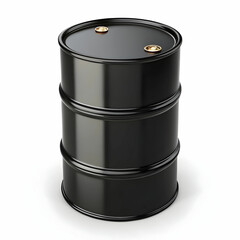 A black steel barrel of oil with a simple, glossy finish, reflecting