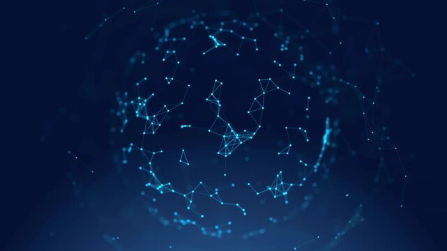 Blue Abstract plexus mesh background with chaotically connected points and polygons flying in space. Digital data network connections. Futuristic technology loop