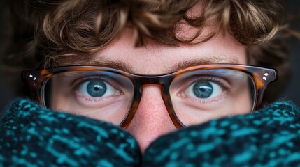 Close-up portrait of a young man with curly hair, wearing glasses and teal gloves, looking directly at the camera.