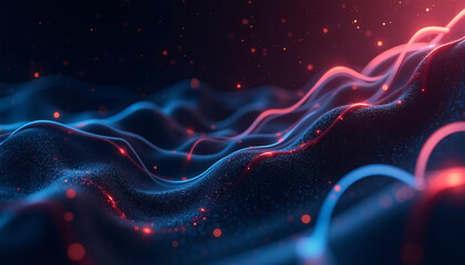 Dynamic Technological Landscape with Glowing Red and Blue Energy Flows