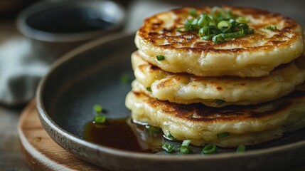 Delicious pancakes with green onions cozy kitchen food photography warm atmosphere close-up perspective culinary delight