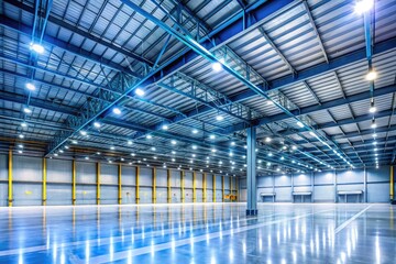 Empty warehouse with industrial storage, ideal for high-bay LED-lit product shots featuring wide-angle perspectives.