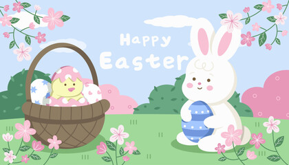 Happy Easter banner cover vector elements.Playful cute white bunny holding Easter eggs, cute chick hatched from an egg in a basket of eggs, hand drawn.  A charming design for decor, cards and children © Irina Artwork