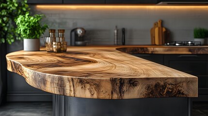 Smooth wooden countertop with blurred modern kitchen interior in white, clean background and warm bokeh effect