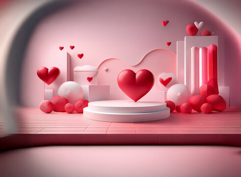 A 3D rendering of a romantic scene featuring a large red heart on a pedestal, surrounded by smaller hearts and abstract geometric shapes in varying shades of pink and white.  The overall mood is sweet