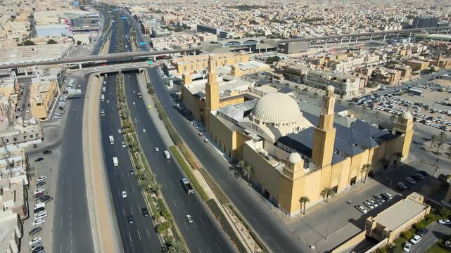 A bird's eye view of Al Rajhi Mosque, Eastern Ring Road, and Riyadh Metro line