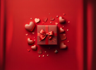 A  gift box with a red bow sits on a red background surrounded by small hearts. Perfect for Valentine's Day or romantic occasions.