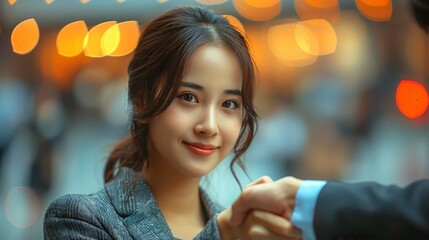 Fototapeta premium A young woman, captured in a close-up shot, smiles warmly as she stands amidst glowing lights, emanating a sense of contentment and charm in a modern setting.