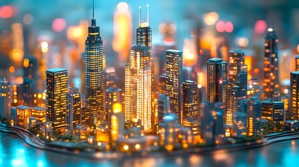 Miniature cityscape diorama with tilt-shift effect. Colorful illuminated buildings and tiny architectural models. Vibrant neon colors and glowing city lights. Magical small world in professional photo