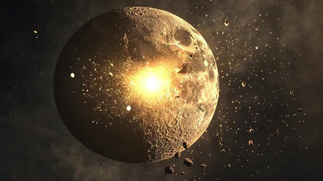 Lunar Impact: Cosmic Collision. A dramatic depiction of an asteroid impacting the moon, sending debris into space. The intense light and texture create a sense of awe and destruction. 