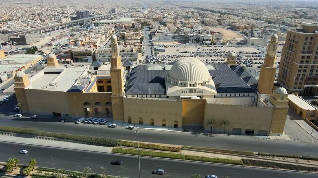 A drone point of view of Al Rajhi Mosque, Riyadh Mero line and Eastern Ring Road in Riyadh