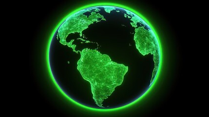Fototapeta premium Illuminated green Earth globe on black background. Detailed world map projection.