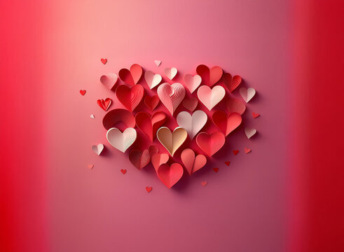 A large heart shape is formed from many smaller, layered paper hearts in shades of red and pink against a pink background.  The image evokes feelings of love and affection.