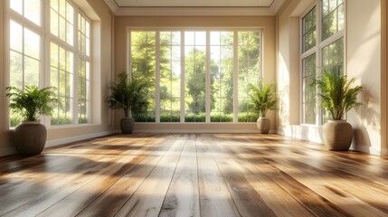 Empty room 3d design featuring soft beige walls, sleek wooden flooring, and an abundance of natural light