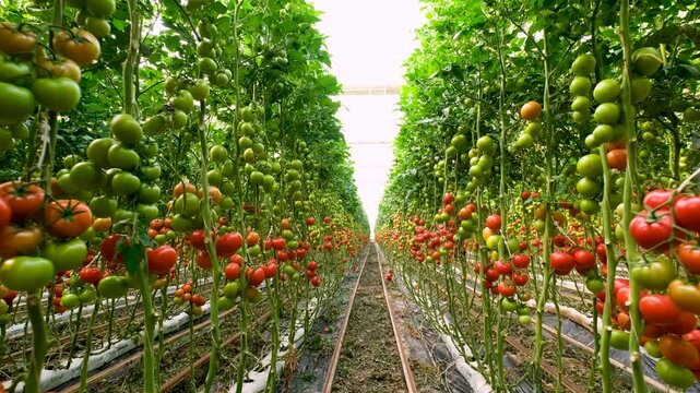 Rows of tomato plants in a greenhouse, with both ripe red and unripe green tomatoes visible. The plants are neatly organized and supported by vertical stakes, highlighting a modern farming approach.
