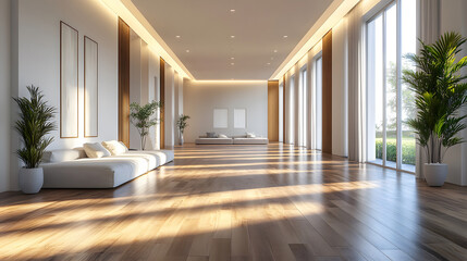 3d illustration of an empty room with bright lighting, neutral colors, and spacious design