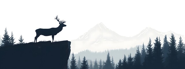 A simple vector illustration of an elegant deer standing on the edge of a cliff, overlooking dense forests and distant mountains