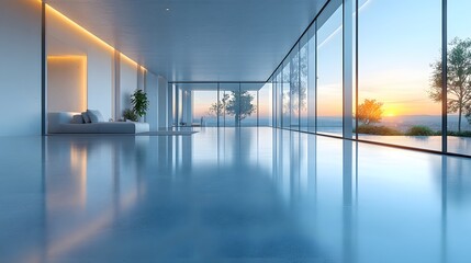 3d illustration of a spacious empty room, modern architecture with simple walls and sleek flooring