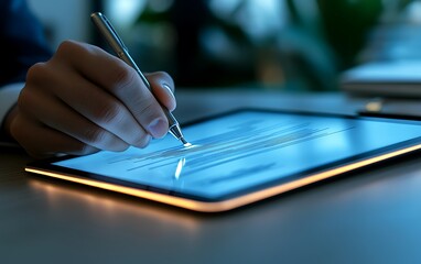 Obraz premium Close-up of a hand signing a document on a tablet at night.