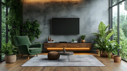 Modern living space featuring a green armchair, sleek TV cabinet, and stylish accessories on white plaster walls, 3D design