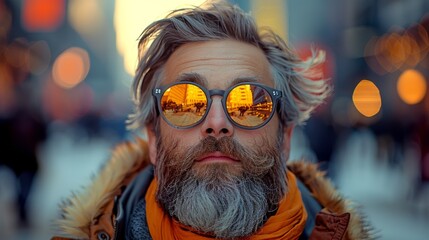 A fashionable bearded man sports sunglasses reflecting a fiery urban sunset, showing a blend of personal style, confidence, and modern city life aesthetics.