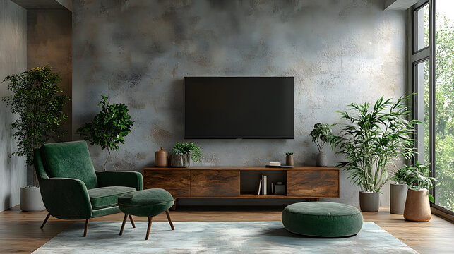 Elegant living room setup with green armchair, TV cabinet, and minimal decor on clean white plaster walls, 3D render