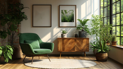 Cozy living room layout with green armchair, TV cabinet, and carefully placed decor on white plaster walls, 3D rendering