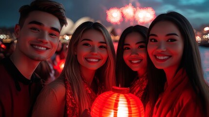 Fototapeta premium A joyful group of people enjoying a festival, holding a red lantern with vibrant fireworks in the background, capturing the essence of celebration and togetherness.