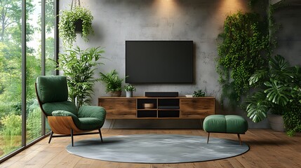 Contemporary interior design with TV cabinet, green armchair, and minimalistic decor against a white plaster wall, 3D rendering