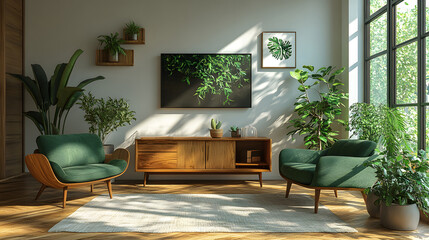 Modern living room featuring green armchair, minimalist TV cabinet, and simple accessories on white plaster wall, 3D rendering