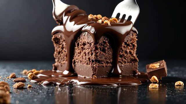 Video footage of decadent slice of chocolate cake drizzled with rich chocolate sauce, topped with crunchy nuts, and being cut by two forks