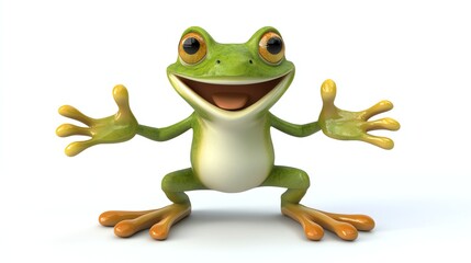 Fototapeta premium A friendly cartoon frog with big eyes and a smile, sitting on a white background.