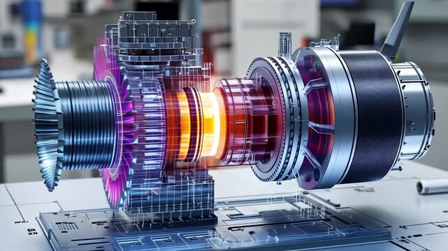 High-Tech Engine Cutaway:  A detailed cutaway illustration of a sophisticated engine, showcasing its intricate inner workings and advanced technology. Perfect for engineering, automotive.