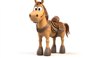 A 3D rendering of a cartoon horse with a saddle.