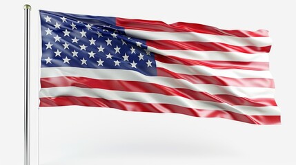 Fototapeta premium The United States flag flutters on a white background, flaunting its distinctive red, white, and blue colors, symbolizing freedom, unity, and national identity.