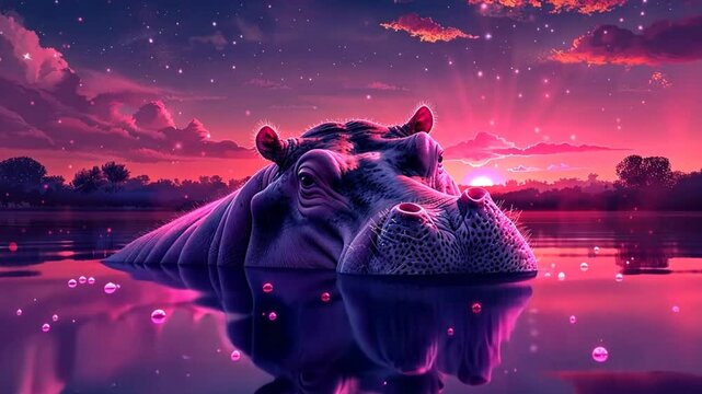 A hippopotamus partially submerged in tranquil waters at sunset, surrounded by a magical blend of pink and purple hues, creating a peaceful and enchanting atmosphere