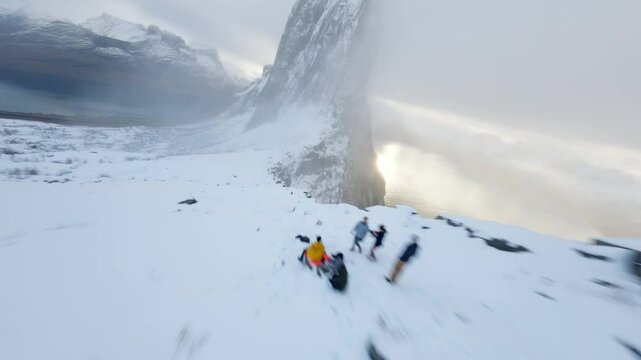 FPV Drone Flying Along Cliff Towards Segla, Senja, Norway