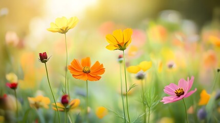 Fototapeta premium Colorful Cosmos Flowers in a Sunlit Meadow