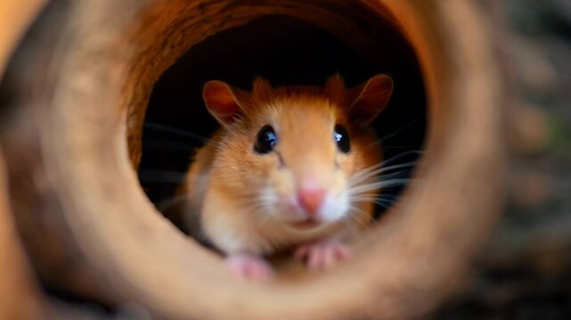 A close-up of a curious hamster peering out from a hollow log, illuminated by warm golden light. The scene captures the charm and playful curiosity of a small woodland creature
