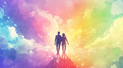 Fototapeta premium Couple walking hand in hand through a vibrant abstract landscape with colorful clouds and sparkles in a dreamy atmosphere during twilight