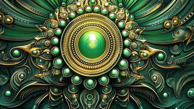 Emerald Jewel: A mesmerizing abstract design featuring a captivating emerald jewel surrounded by intricate golden and green patterns, evoking a sense of luxury, opulence, and intricate artistry.  