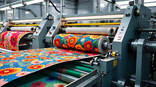 Industrial Textile Printing Machine Producing Colorful Floral Patterns in a Factory Setting

