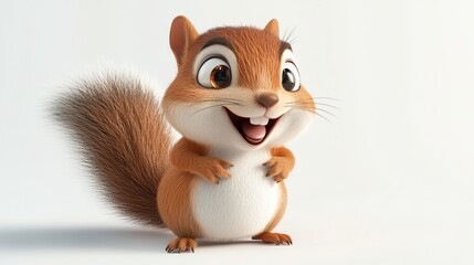 Fototapeta premium A cartoon squirrel with big eyes and a bushy tail smiles at the camera.