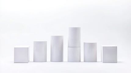 A minimalist arrangement of white geometric shapes varying in height, creating a modern and clean aesthetic against a light background.