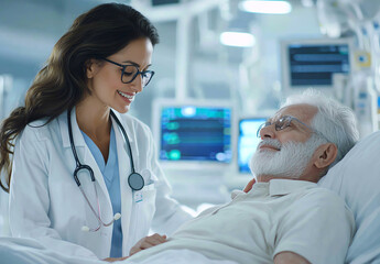 A compassionate doctor talks with an elderly patient in a hospital room, fostering a comforting and caring environment to promote healing and trust in medical care.